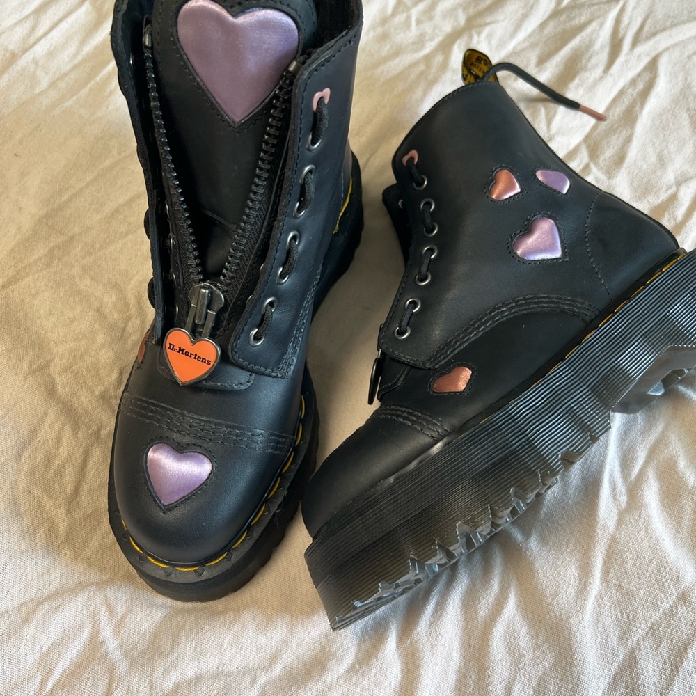 Dr. Martens Black Lace Up Boots with Purple and Pink Hearts